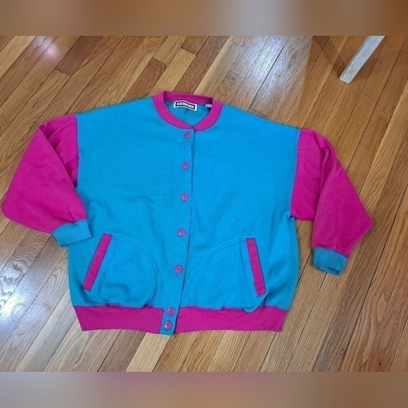 Vintage 80's Sweatshirt Cardigan Color Block Pink Green Button Up Unisex  Large - Picture 1 of 9